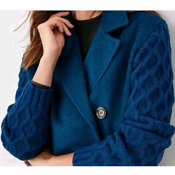 Ann Taylor Size S Sea Storm Teal Mixed Media Cable Sweater Coat Jacket New - Picture 3 of 8
